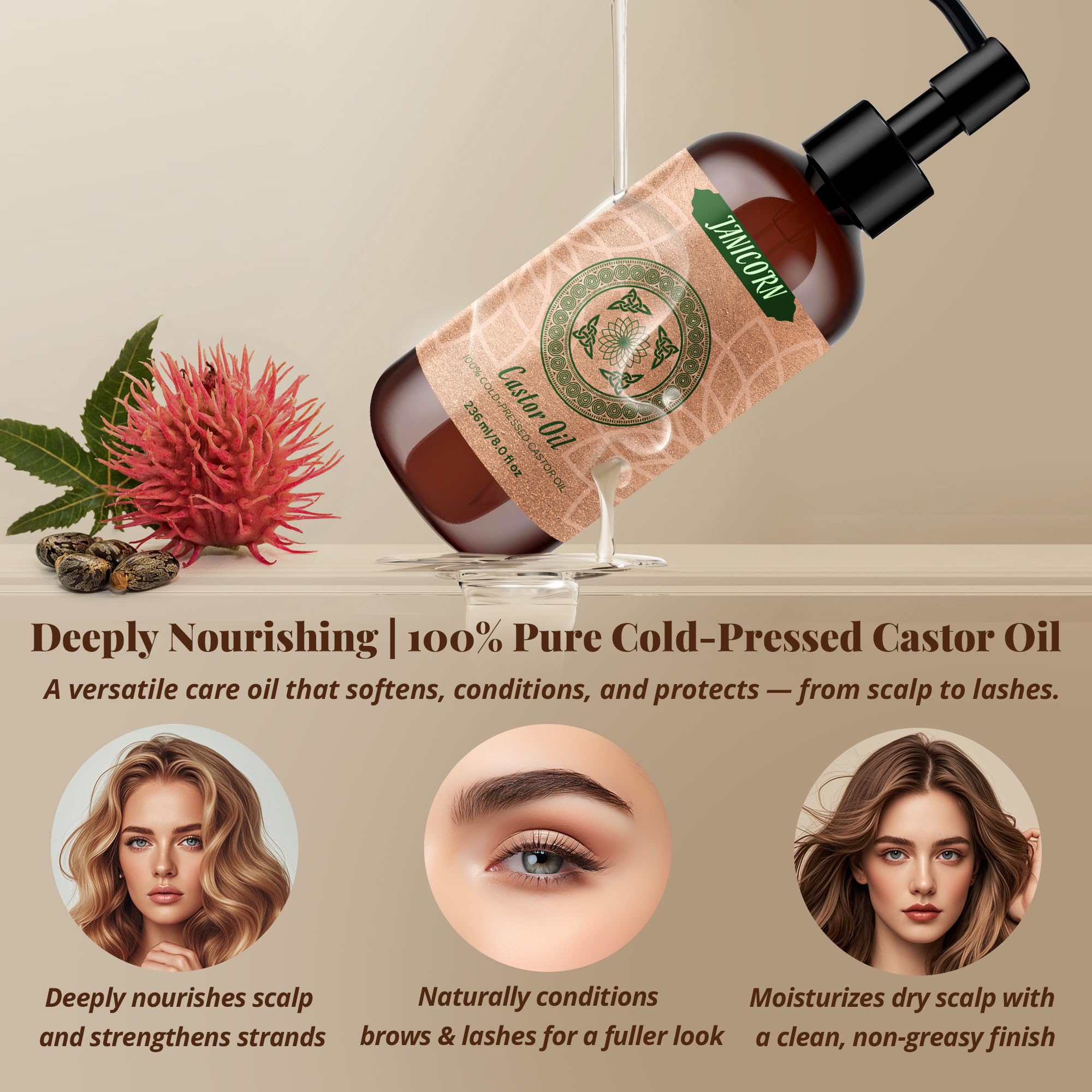 JANICORN castor oil applied to brows and lashes for gentle conditioning.