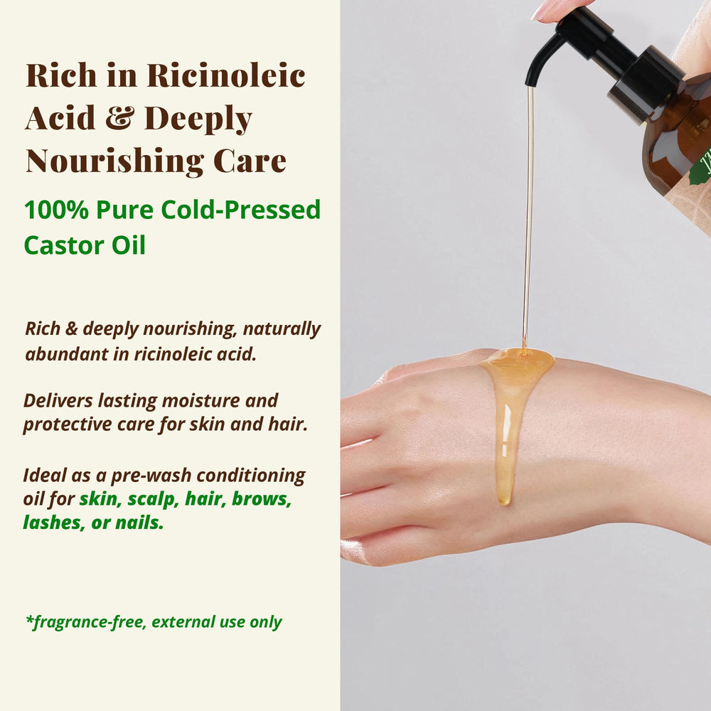 JANICORN castor oil texture close-up highlighting thick, emollient consistency.