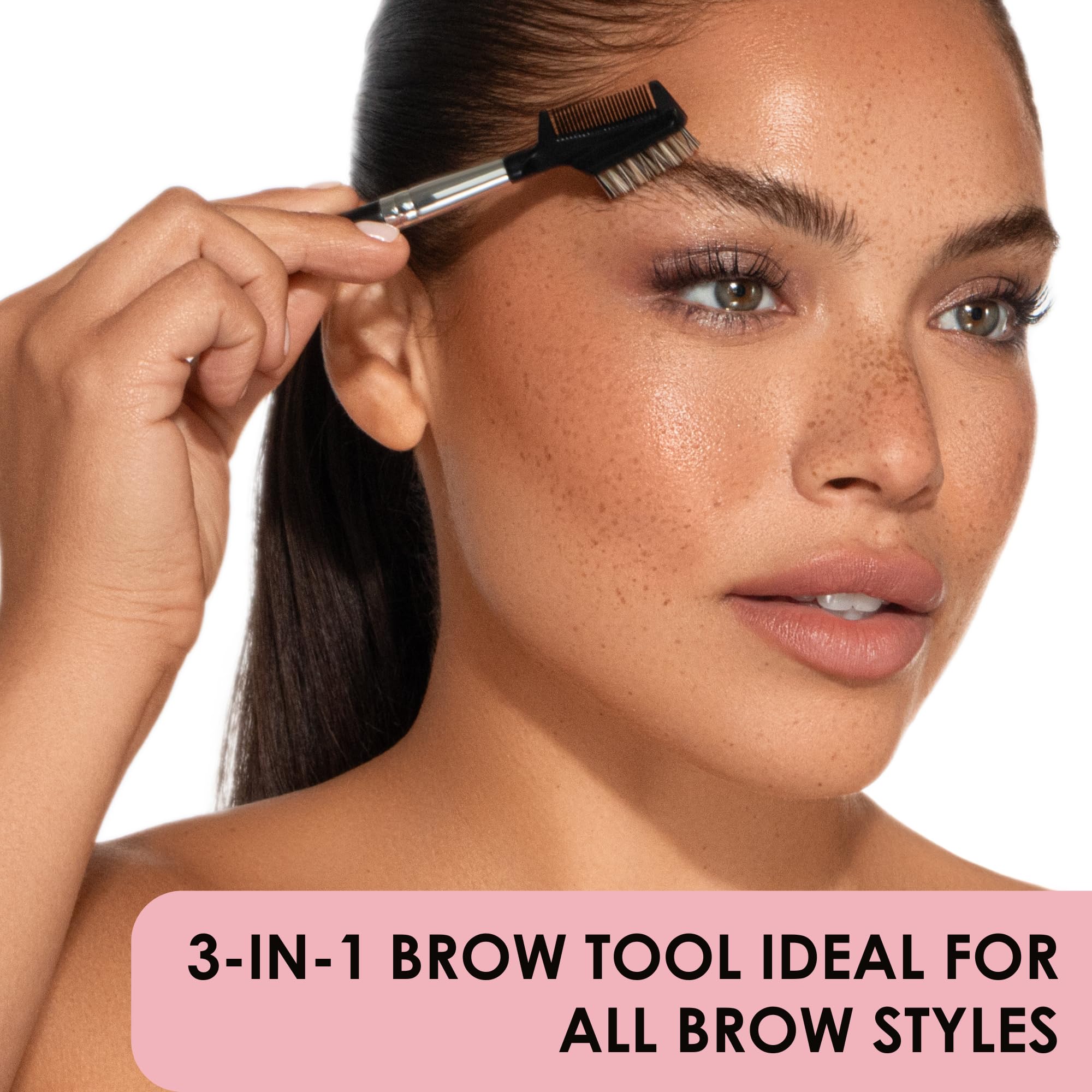 JAPONESQUE brow-spoolie brush demonstrating precise sculpting for defined brows.