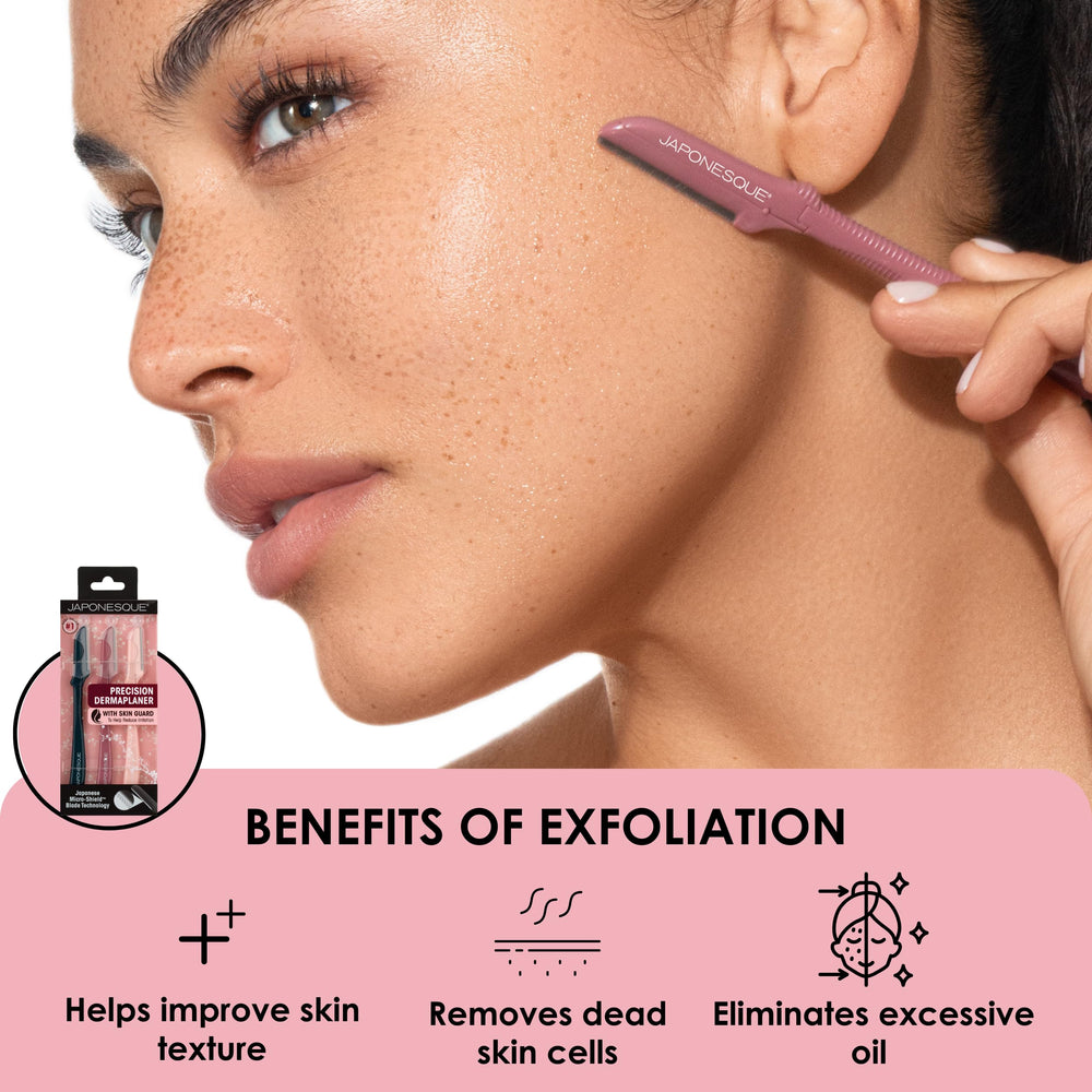 JAPONESQUE Dermaplaner near lip and chin area for peach fuzz removal.