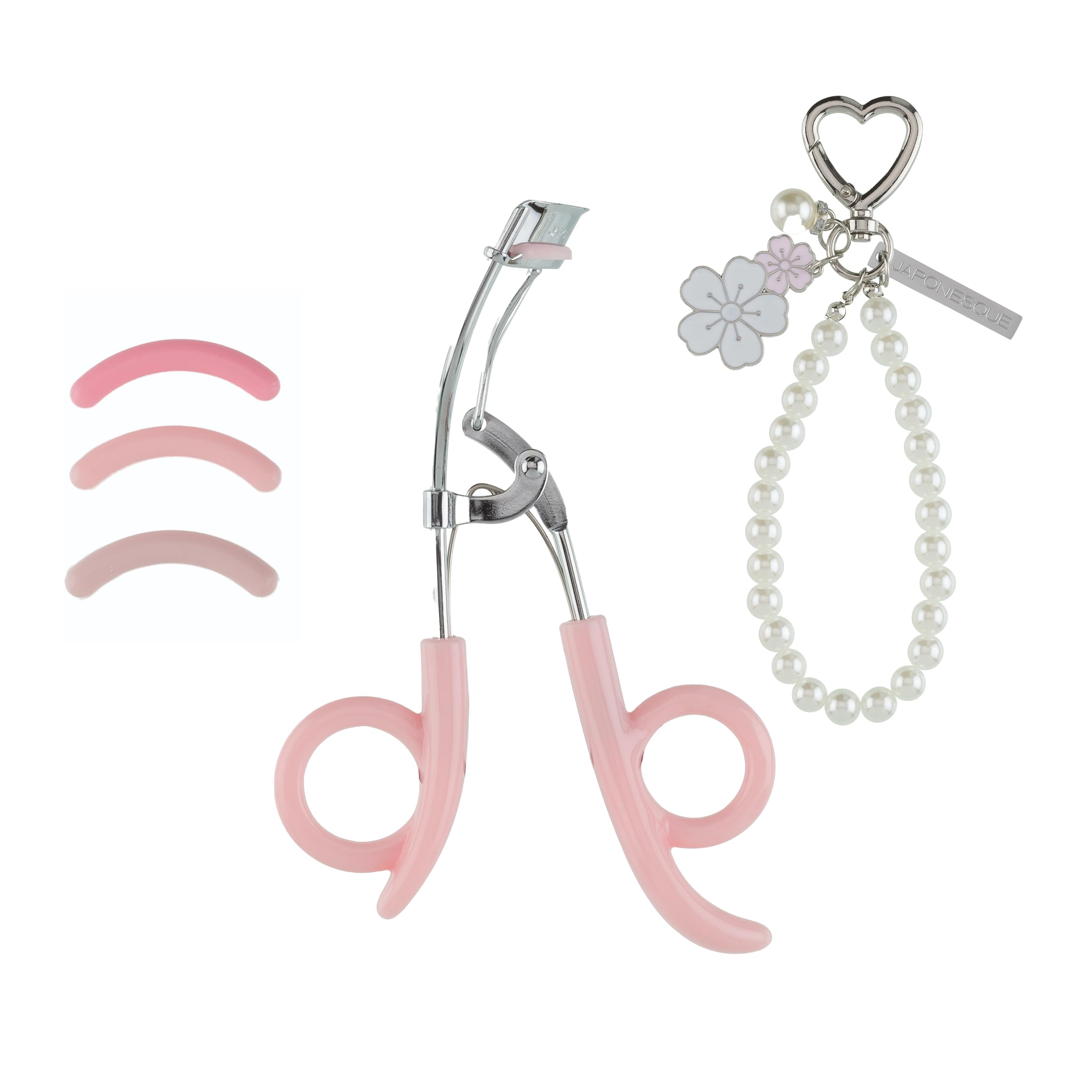 JAPONESQUE Heart Defensor Pro Curler with keychain and cherry blossom charm for on-the-go styling.