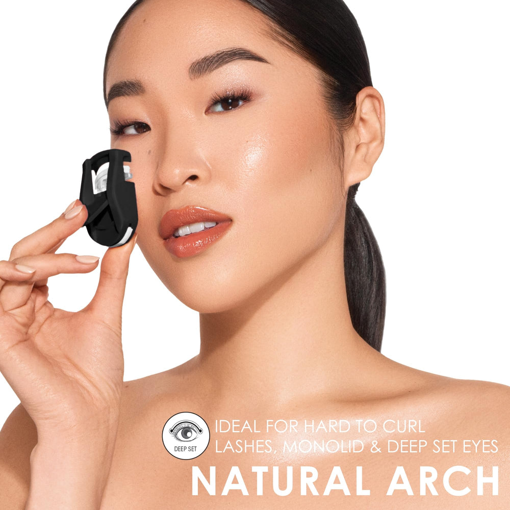 JAPONESQUE Travel Eyelash Curler Black 2 Pack side angle highlights gentle curve for monolids.