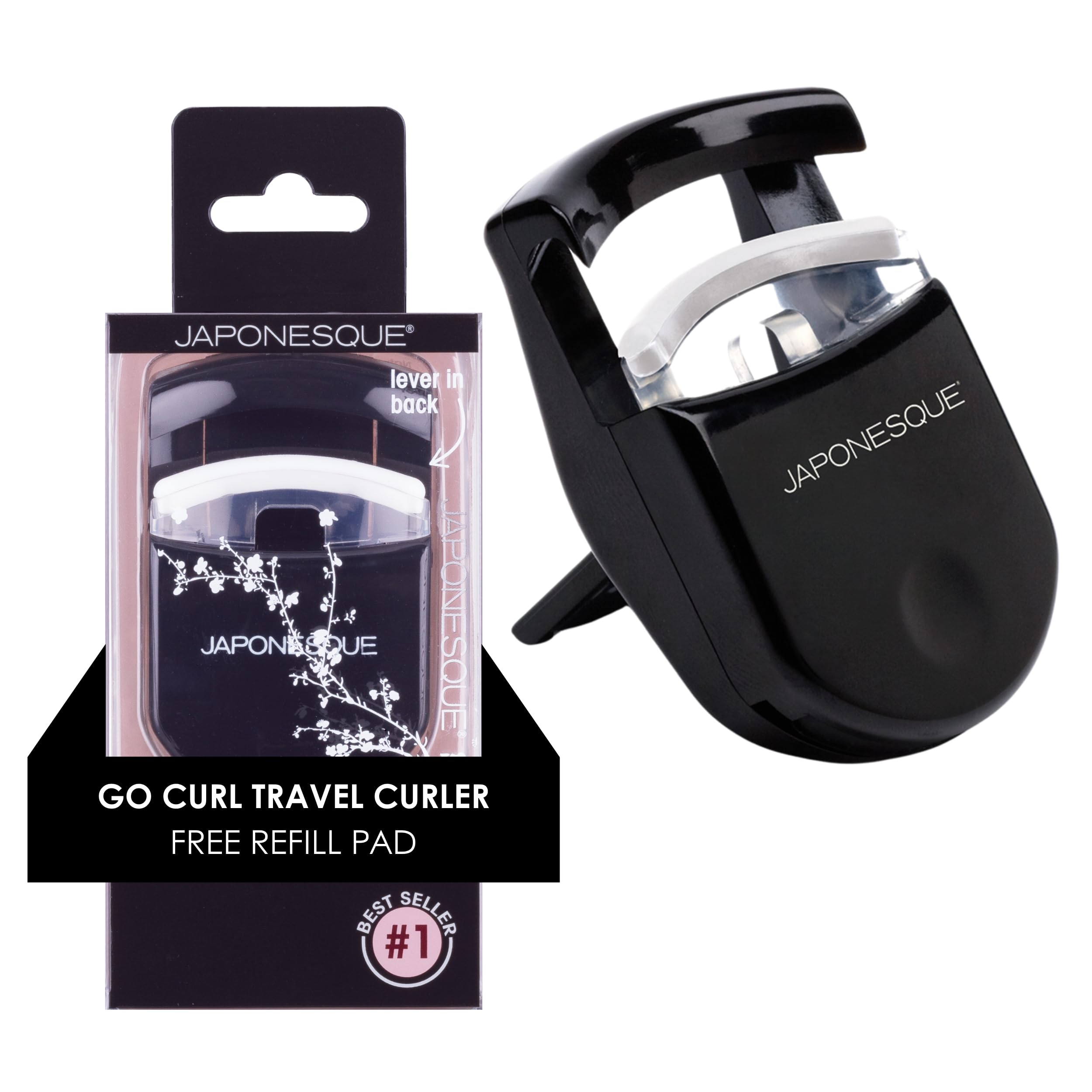 JAPONESQUE Travel Eyelash Curler in black; compact lift for on-the-go lashes.