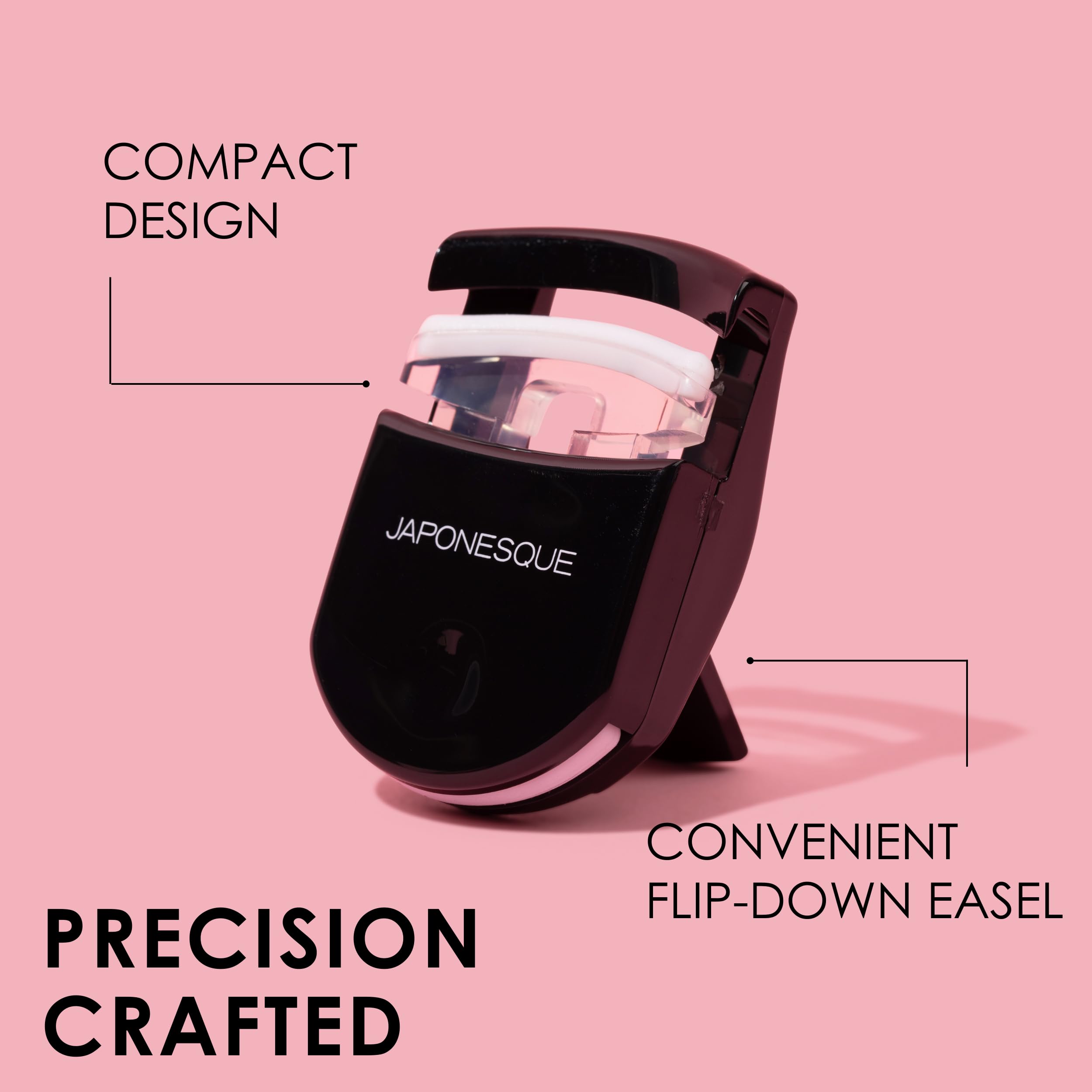 Compact design of JAPONESQUE travel curler complements any makeup bag aesthetic.