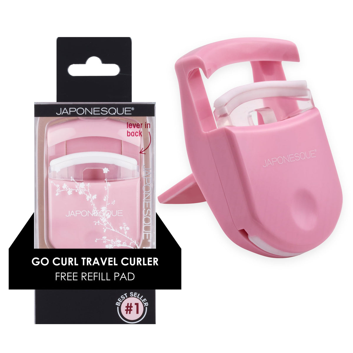 JAPONESQUE travel eyelash curler pink closeup shows precise curl for on-the-go looks