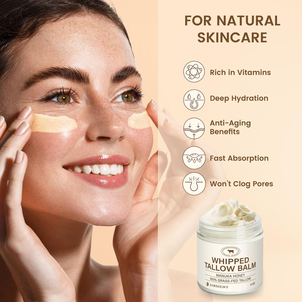 Jardient Beef Tallow Honey Balm jar closeup reveals rich moisturizer texture.