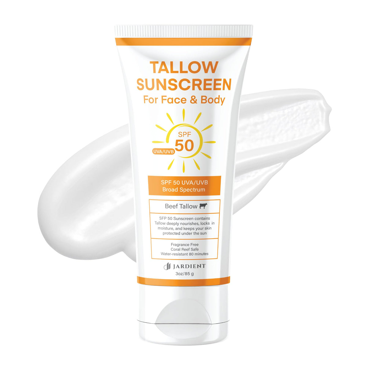 Jardient beef tallow sunscreen bottle front showing mineral SPF 50 protection for outdoor days