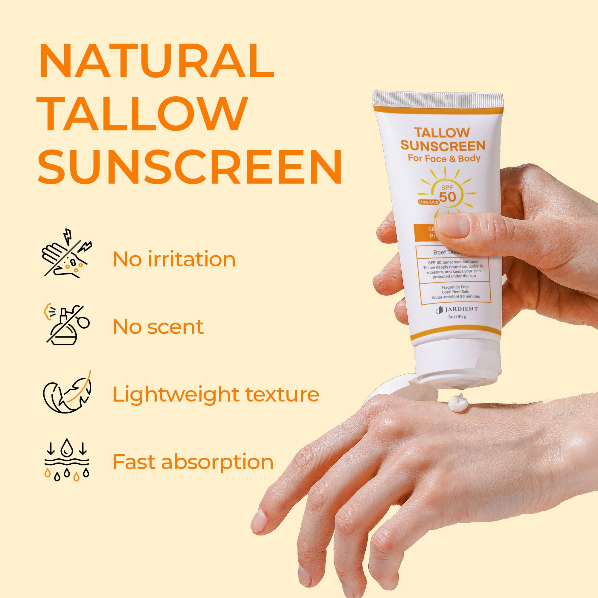 Jardient sunscreen bottle side view highlighting non-greasy finish and moisturizing feel