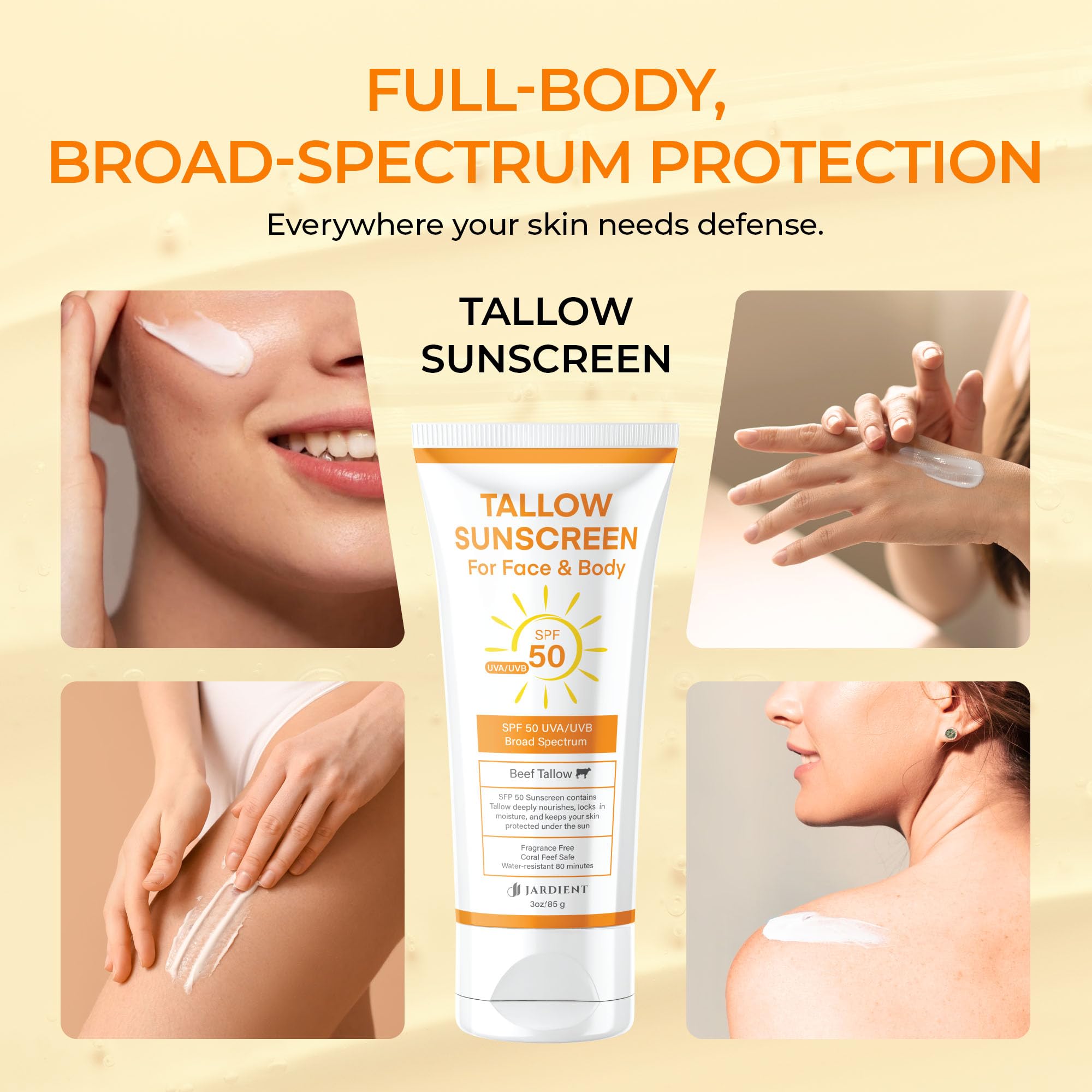 Jardient beef tallow sunscreen packaging and clean ingredients