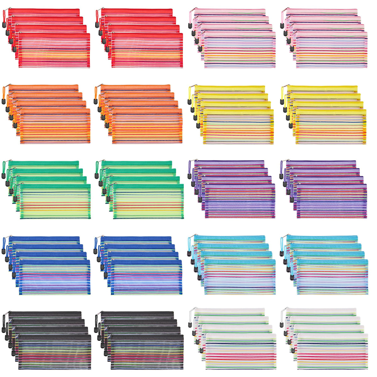 JARLINK 80-pack mesh zipper pouches neatly organize cosmetics, receipts, and small office supplies.