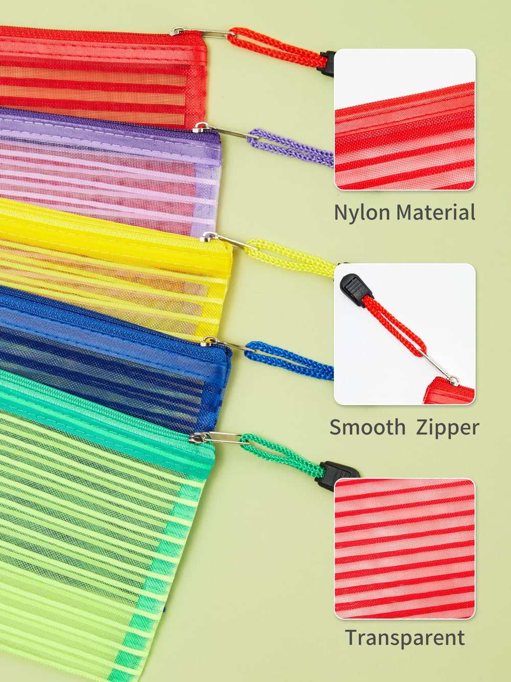 JARLINK 10-color mesh pouches ideal for classroom storage and cosmetics.