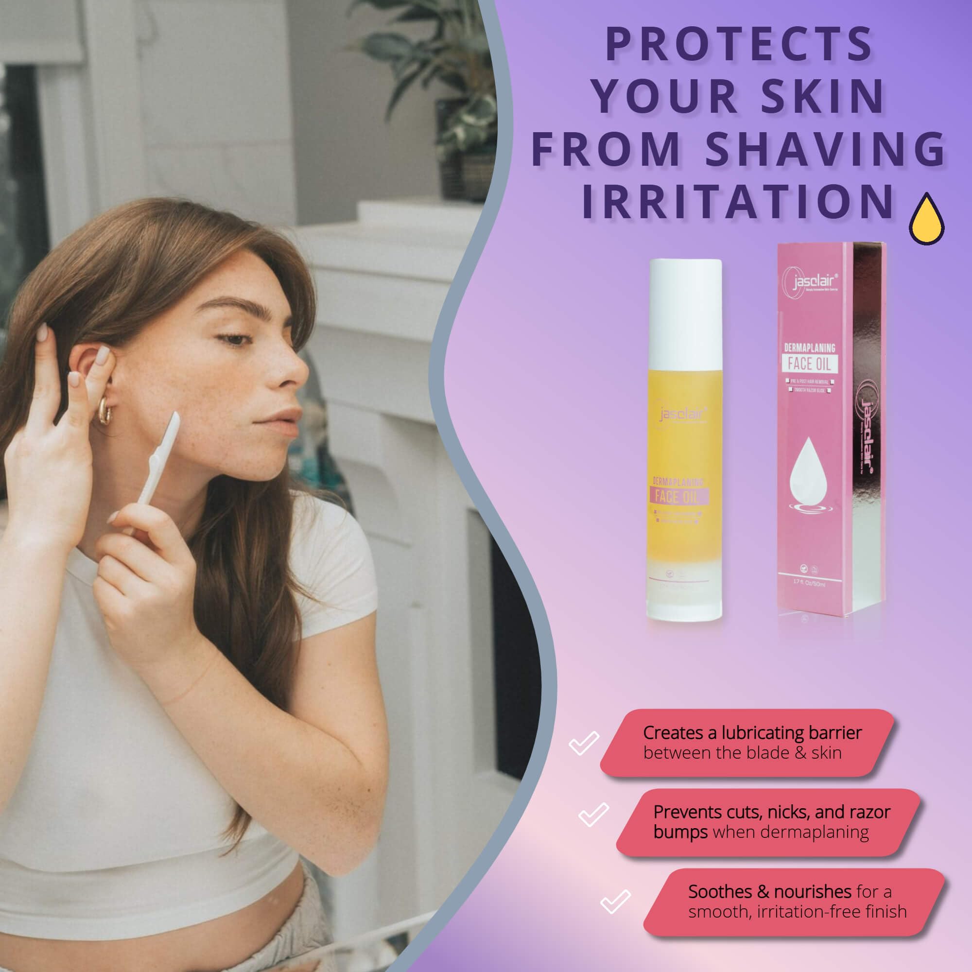 Jasclair Dermaplaning Oil application on fingertips highlights low friction glide and protection.