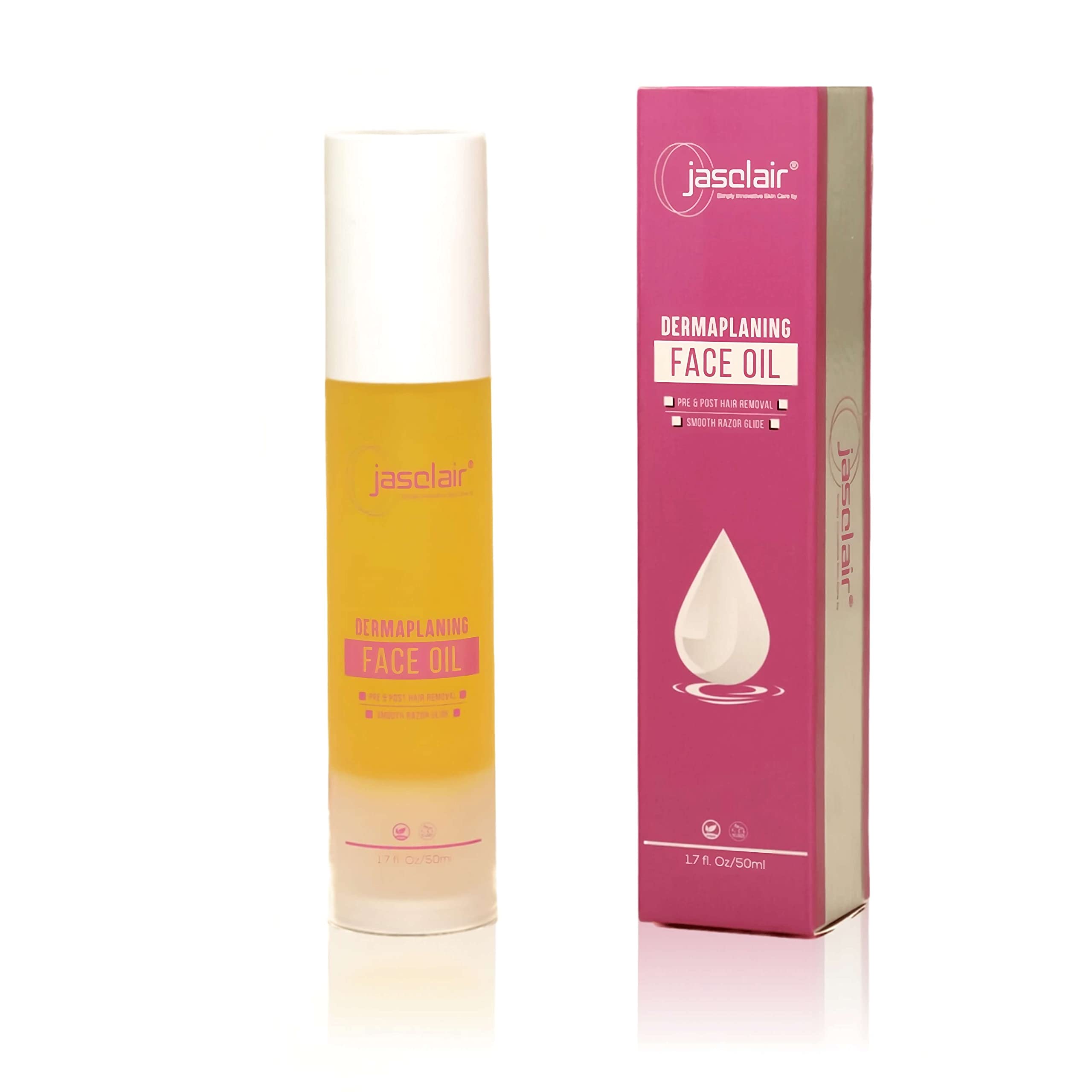 Jasclair Dermaplaning Oil bottle pour demonstrates unscented glide for smooth prep.