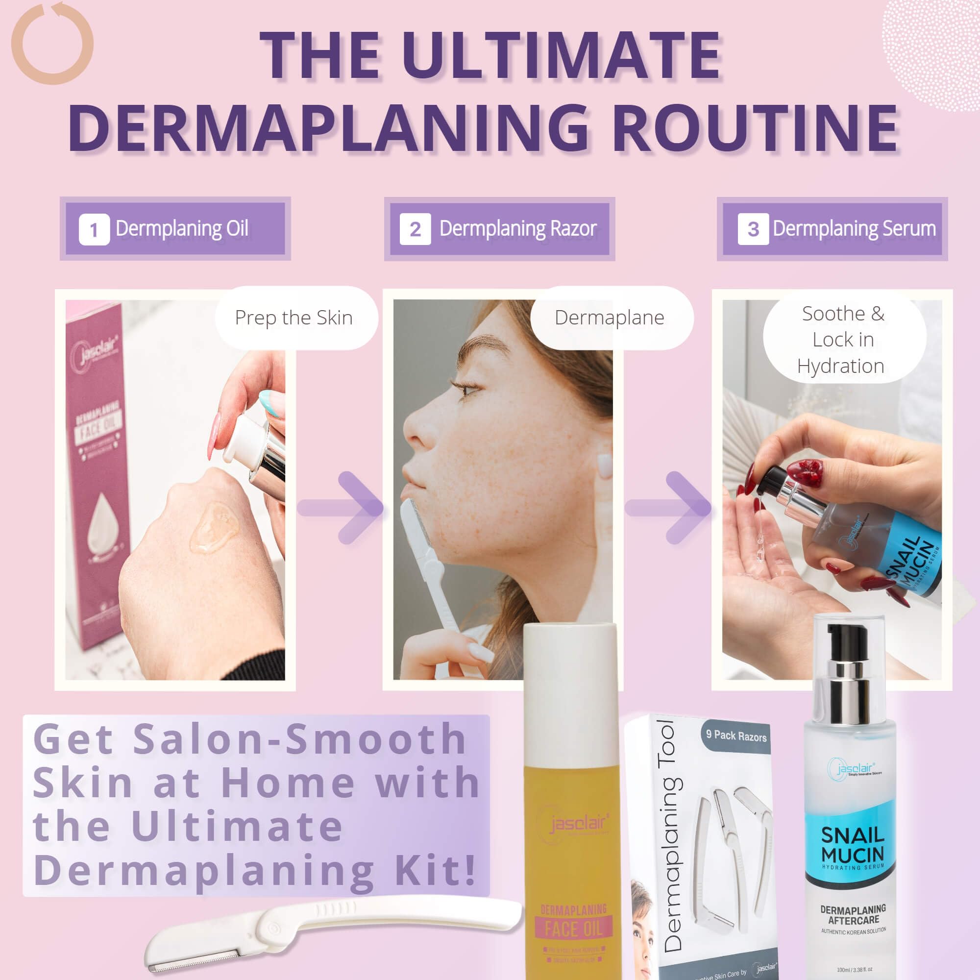 Jasclair Dermaplaning Oil ingredients panel notes plant based oils and antioxidants.
