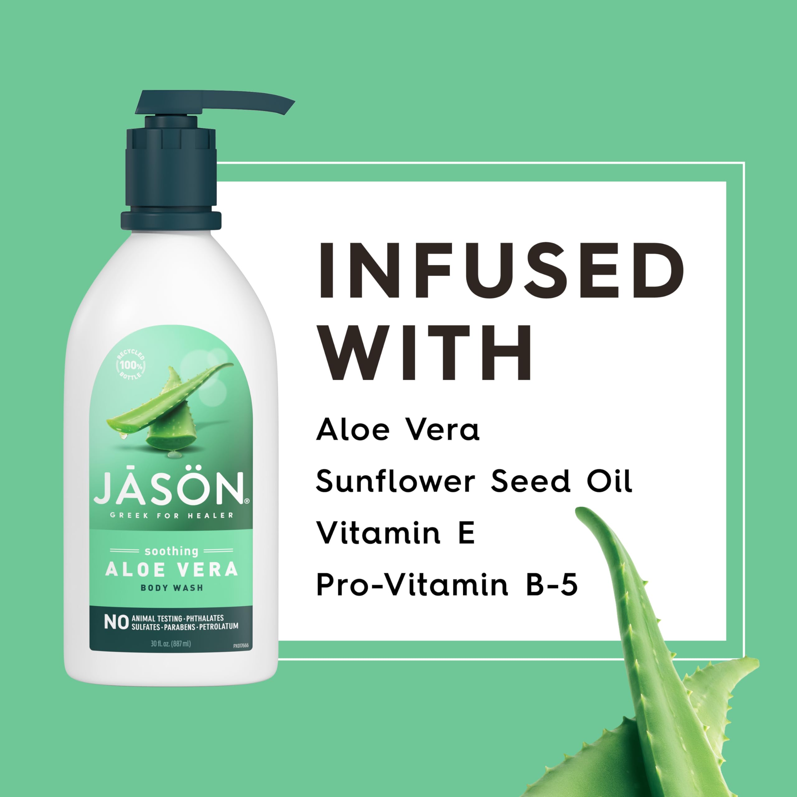 JASON Aloe Vera Shower Gel ingredients panel shows vitamin E and pro-vitamin B5
