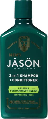 Jason Men's Calming 2-in-1 bottle back label highlights zinc pyrithione for scalp support