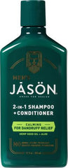 Jason Men's Calming 2-in-1 bottle back label highlights zinc pyrithione for scalp support