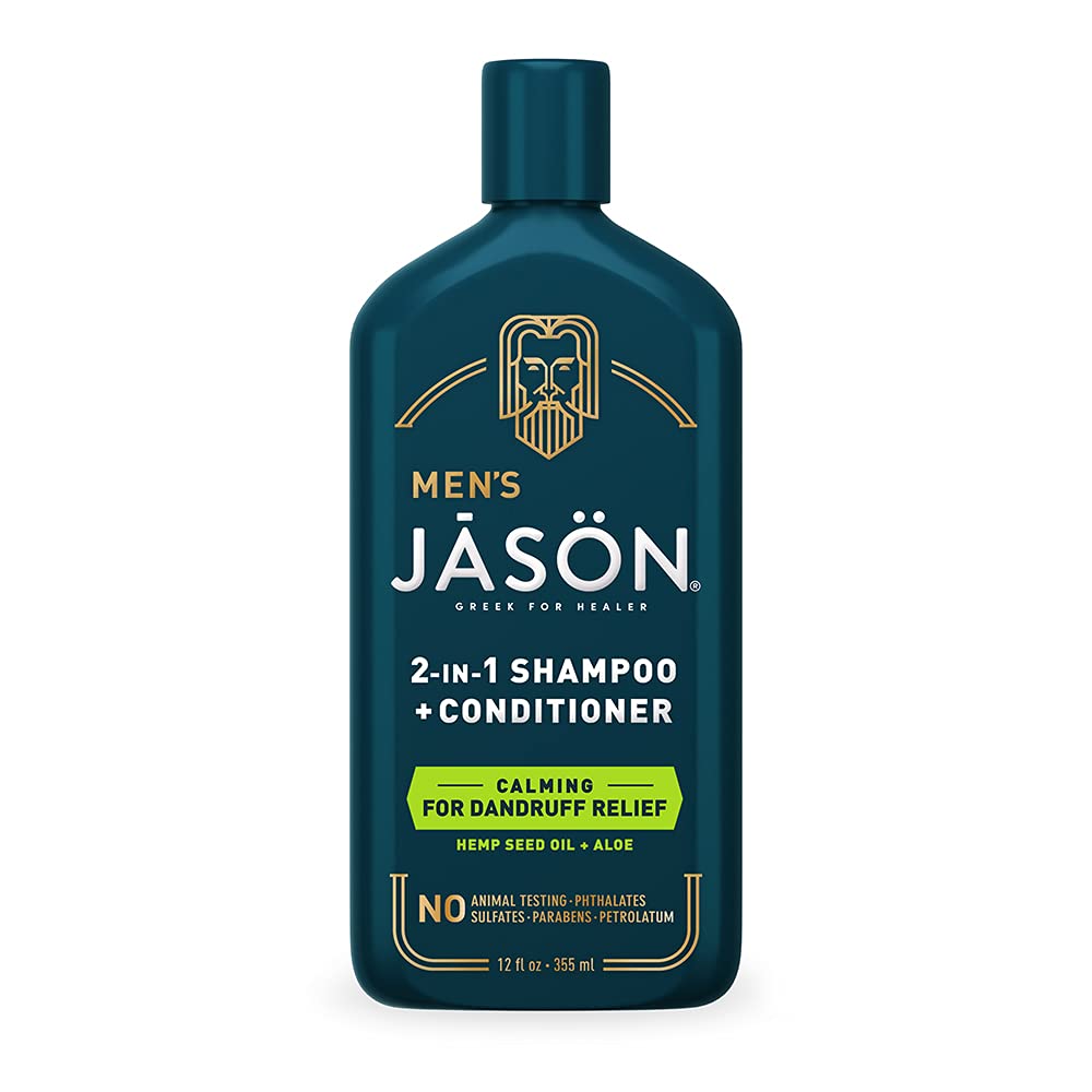 Jason Men's Calming 2-in-1 bottle front shows convenient 12 oz packaging for busy mornings