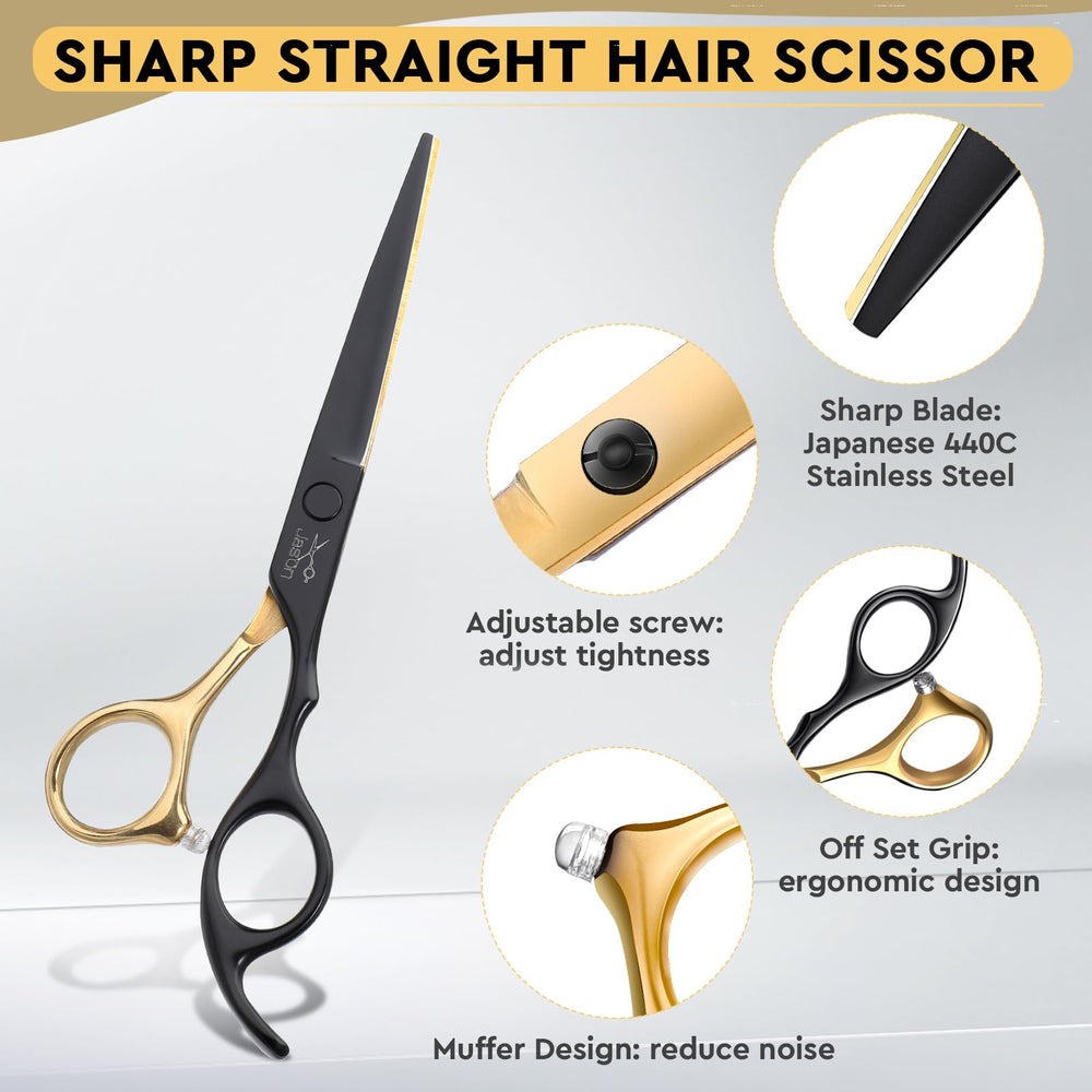 Jason haircut scissors with included razor and cleaning cloth for upkeep.