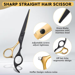 Jason haircut scissors with included razor and cleaning cloth for upkeep.