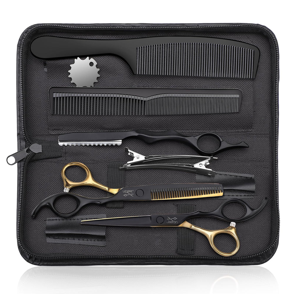 Jason professional haircut scissors straight 6.5-inch black-gold blade for precise cuts.