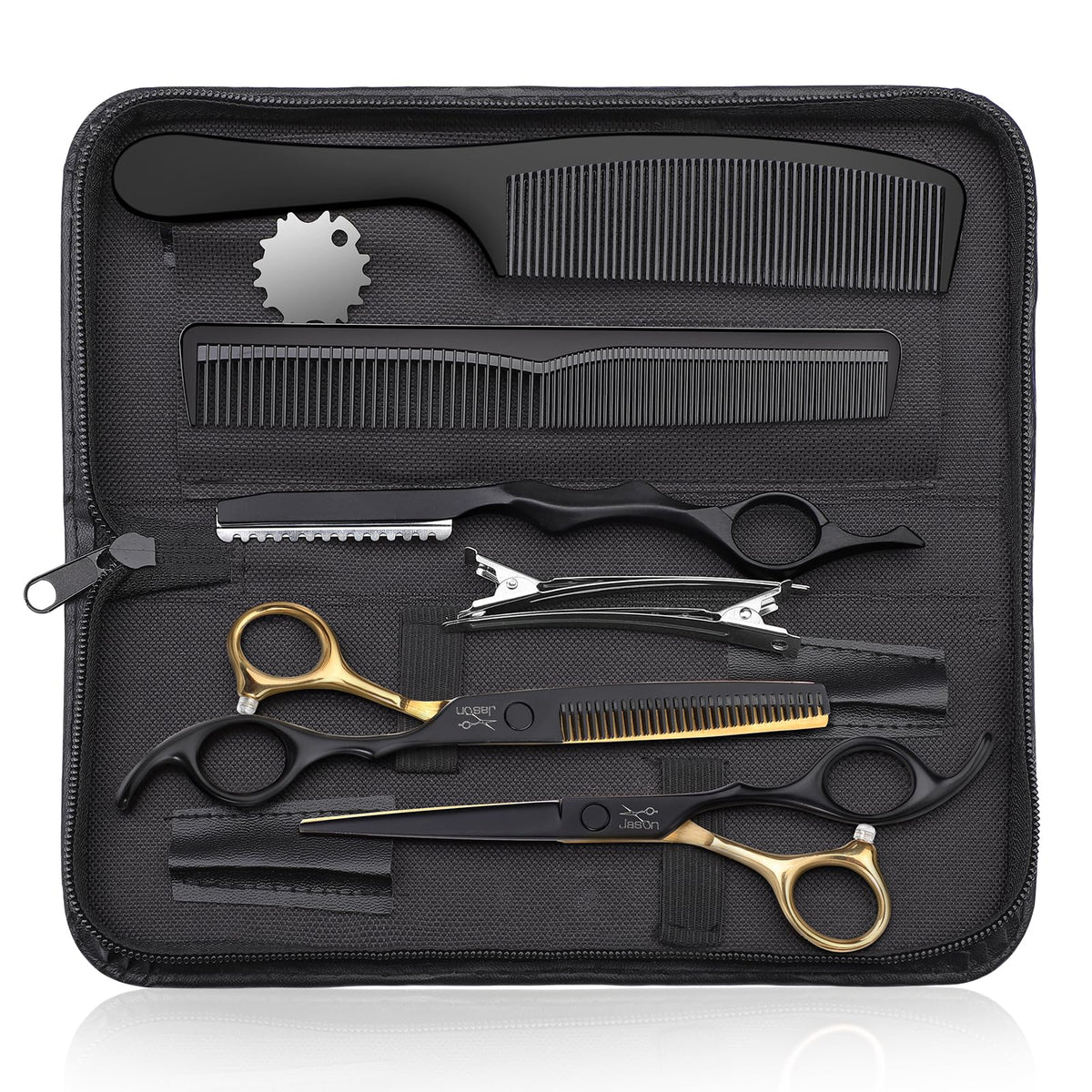 Jason professional haircut scissors straight 6.5-inch black-gold blade for precise cuts.