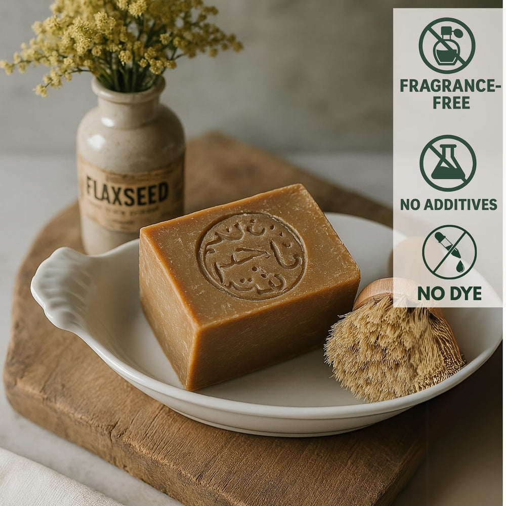 Jatisse Aleppo soap in bathroom setting for daily cleansing routine.