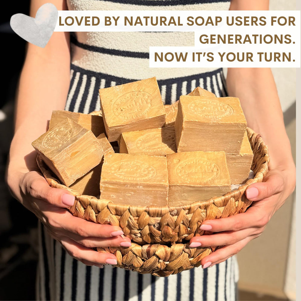 Jatisse Aleppo soap close-up texture reveals natural, rustic surface.