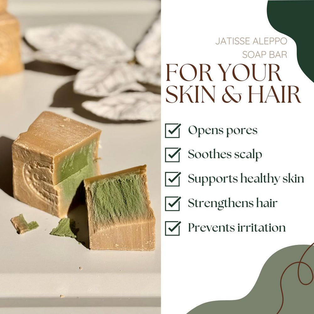 Jatisse Aleppo soap ingredient detail with olive and laurel oils for moisturising skin.