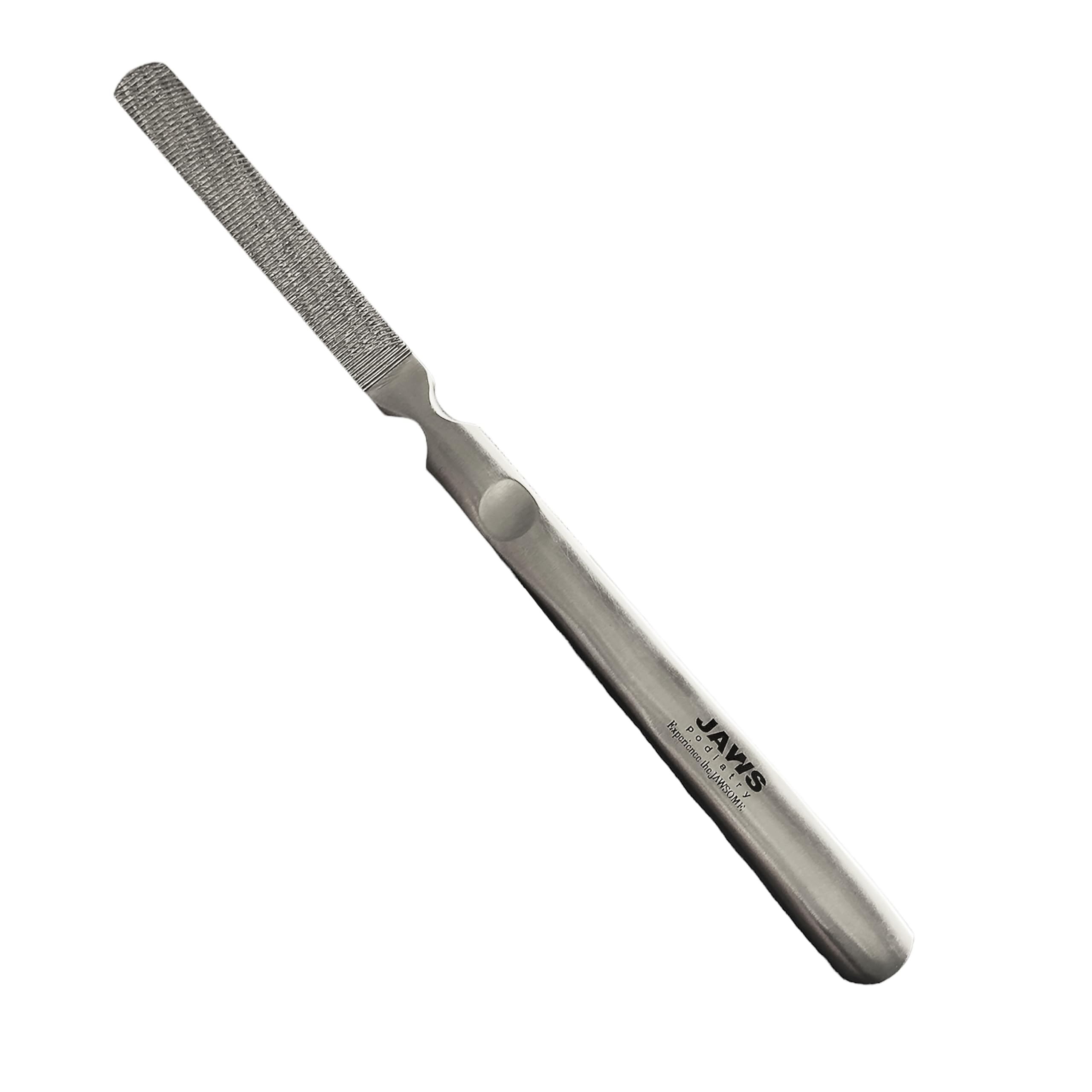 Jaws Podiatry callus grater front view highlights durable surgical-grade stainless steel and hygienic foot care.