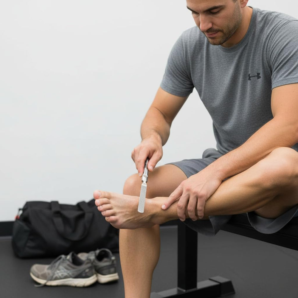 Jaws Podiatry callus grater in-use on dry skin for salon-like results.