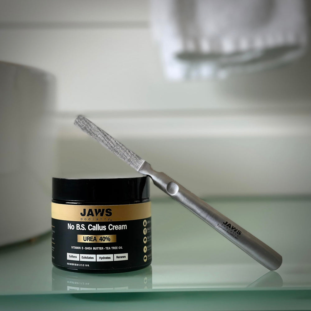 Jaws Podiatry callus grater packaged-ready for gifting or stocking foot care.