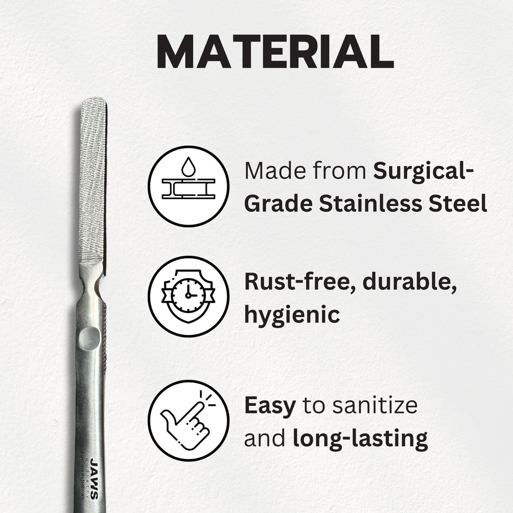 Jaws Podiatry callus grater side-handling demonstrates ergonomic grip for controlled, comfortable use.