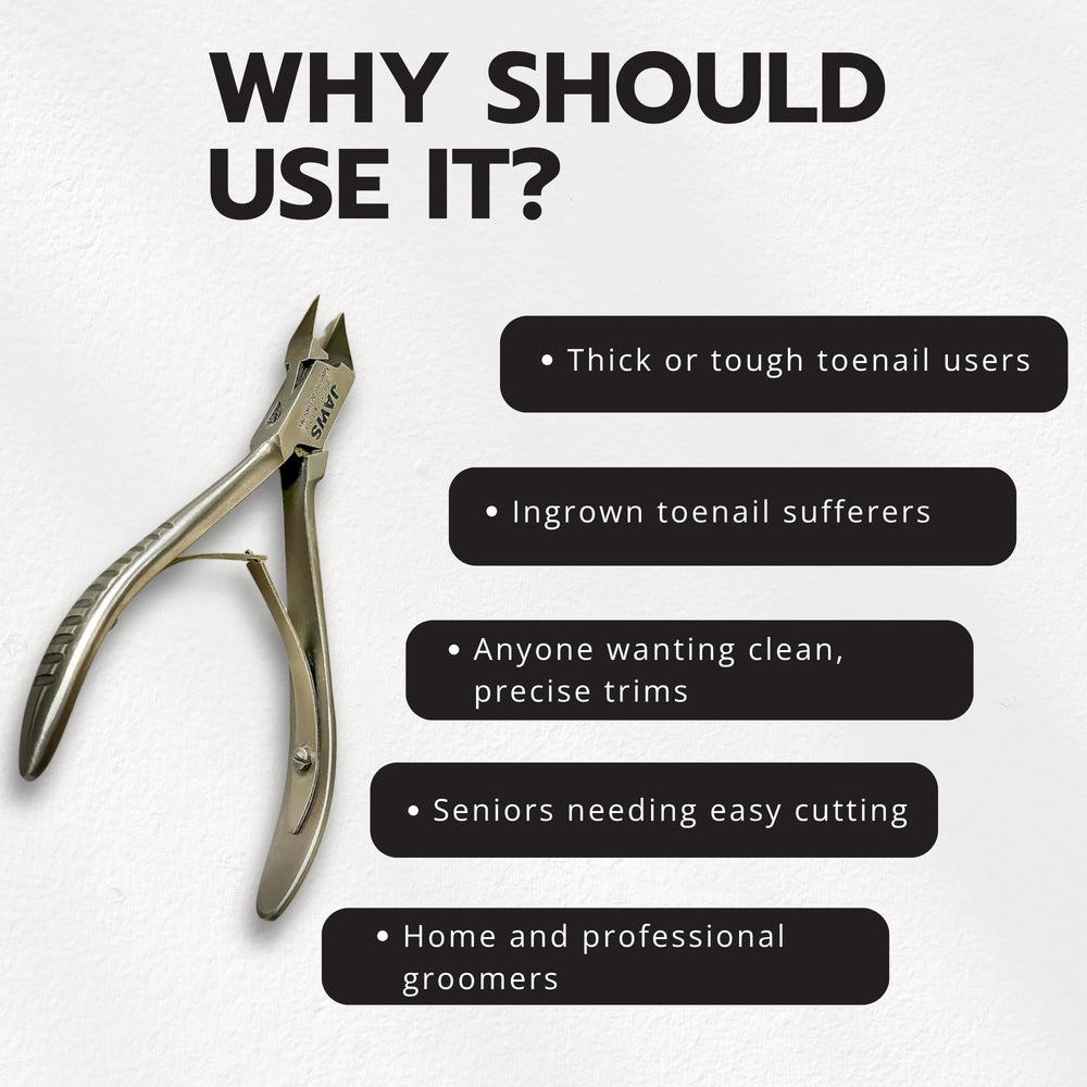 Jaws Podiatry compact travel clipper shown in a toiletry bag for on-the-go grooming.