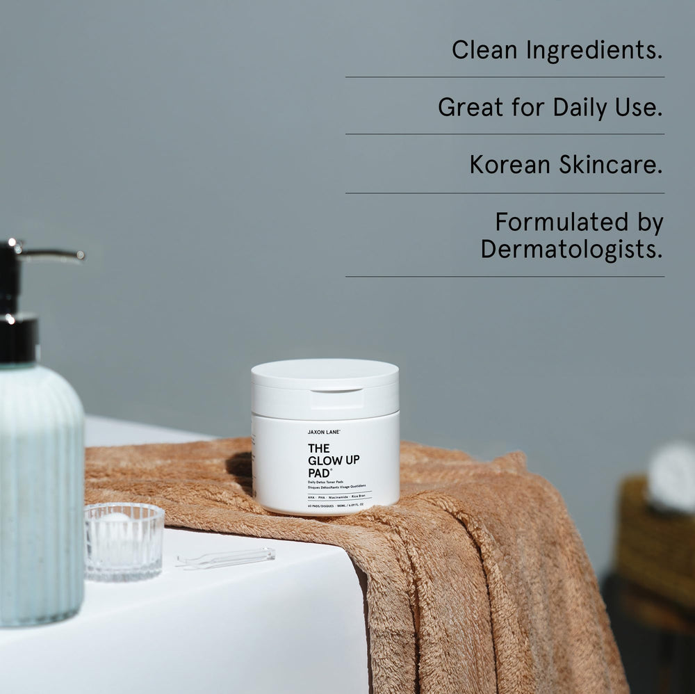 Dermatologist-inspired Korean skincare routine with JAXON LANE pads for daily care.
