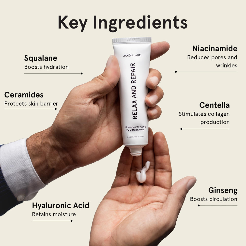 JAXON LANE Relax and Repair cream texture showing light, non-greasy absorption.