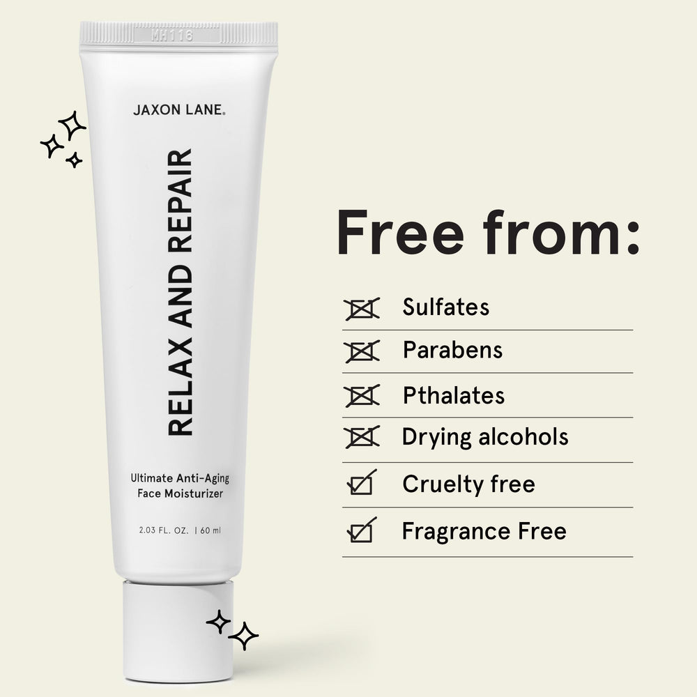 JAXON LANE Relax and Repair fragrance-free label suitable for sensitive skin.