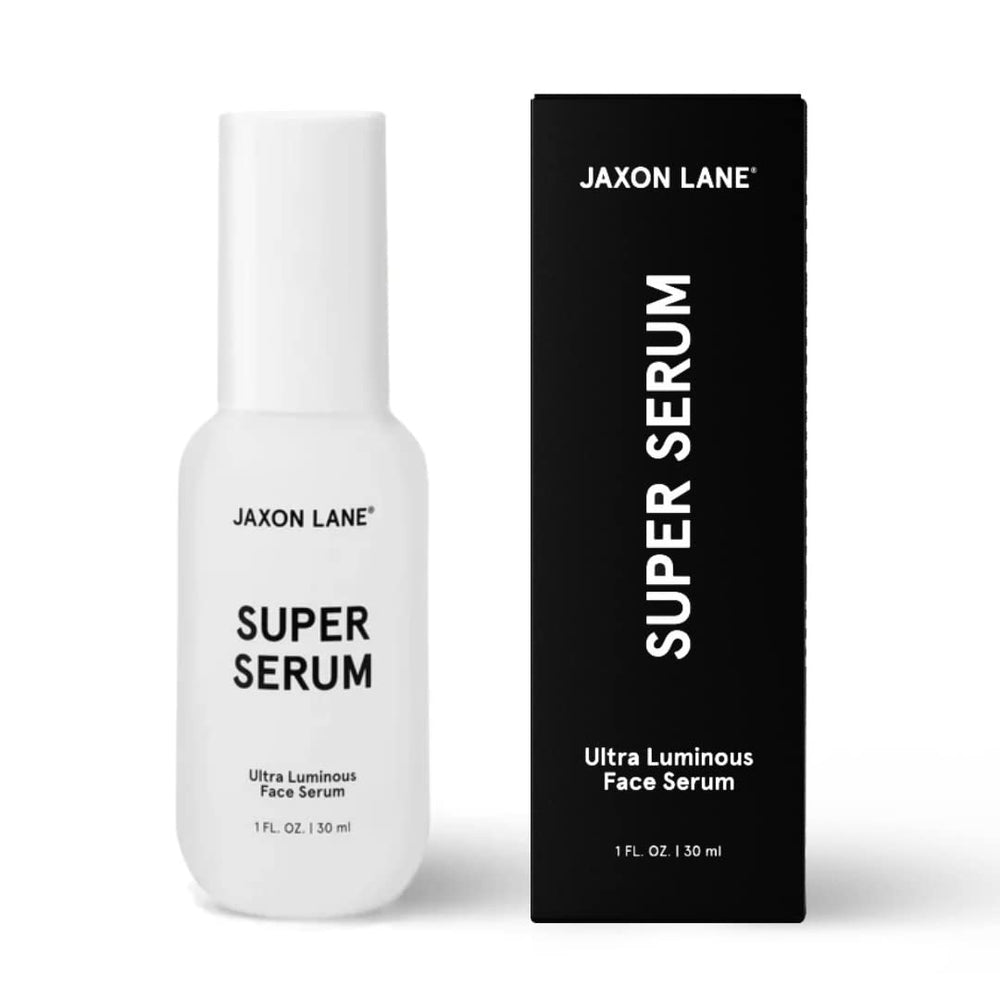 JAXON LANE SUPER SERUM bottle closeup shows hydration and smoothing benefits.