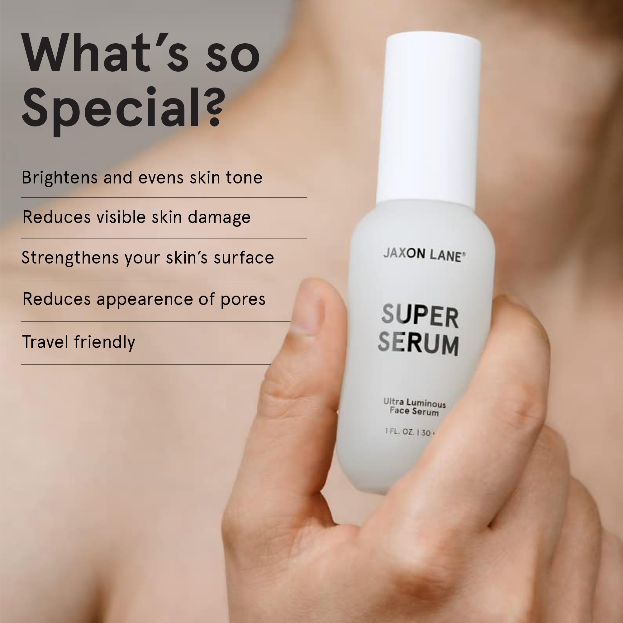 JAXON LANE SUPER SERUM pump-bottle image emphasizes easy daily use.