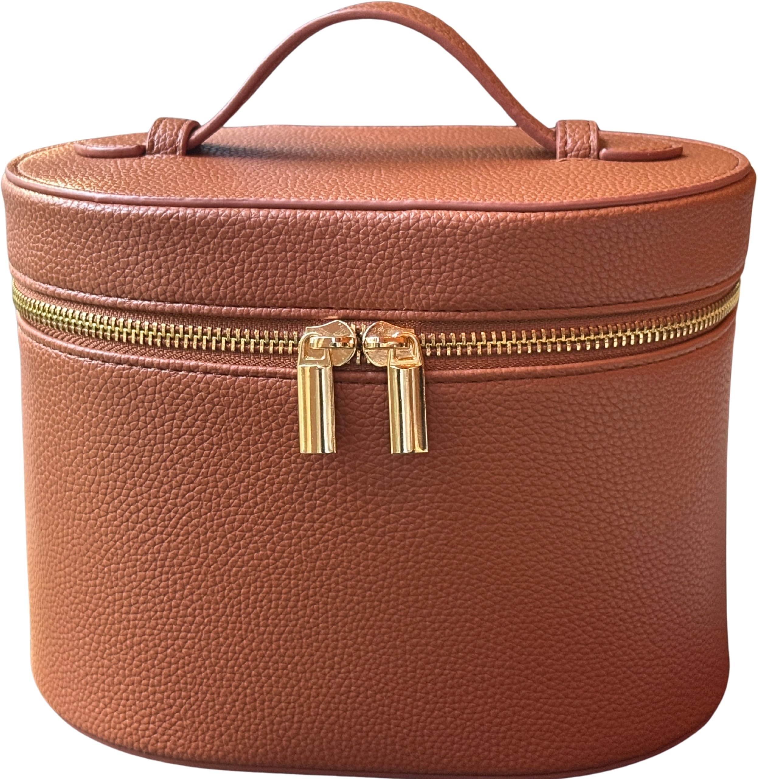JAZD vanity case front view in brown showing compact travel design for cosmetics