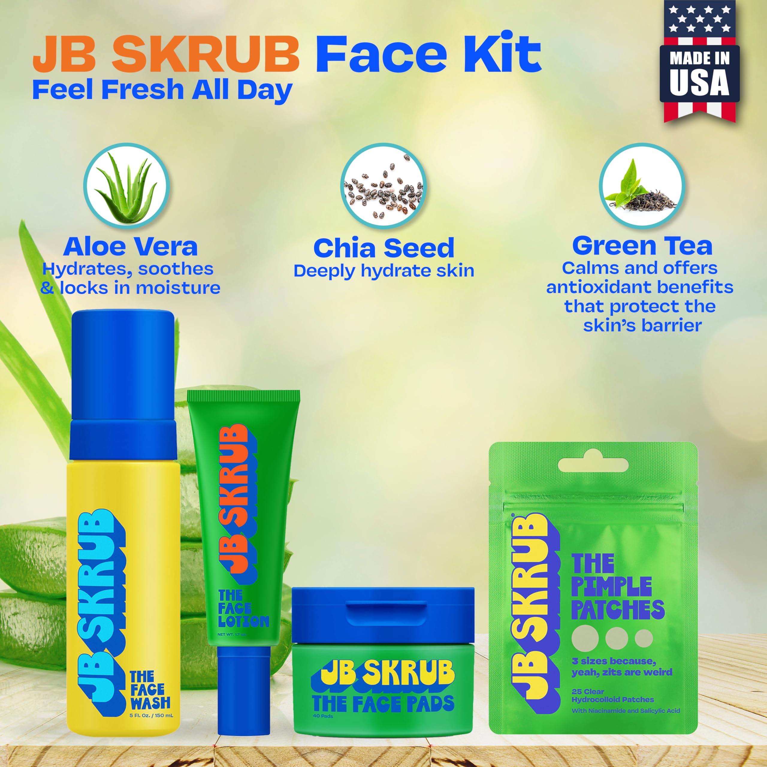 JB SKRUB aloe vera and willow bark ingredients highlight plant-powered skin balance.