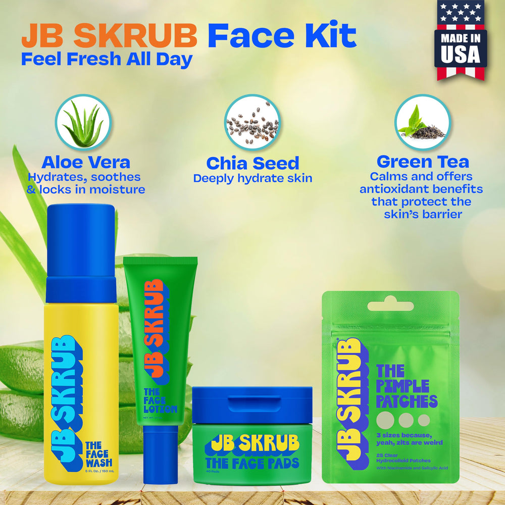 JB SKRUB aloe vera and willow bark ingredients highlight plant-powered skin balance.