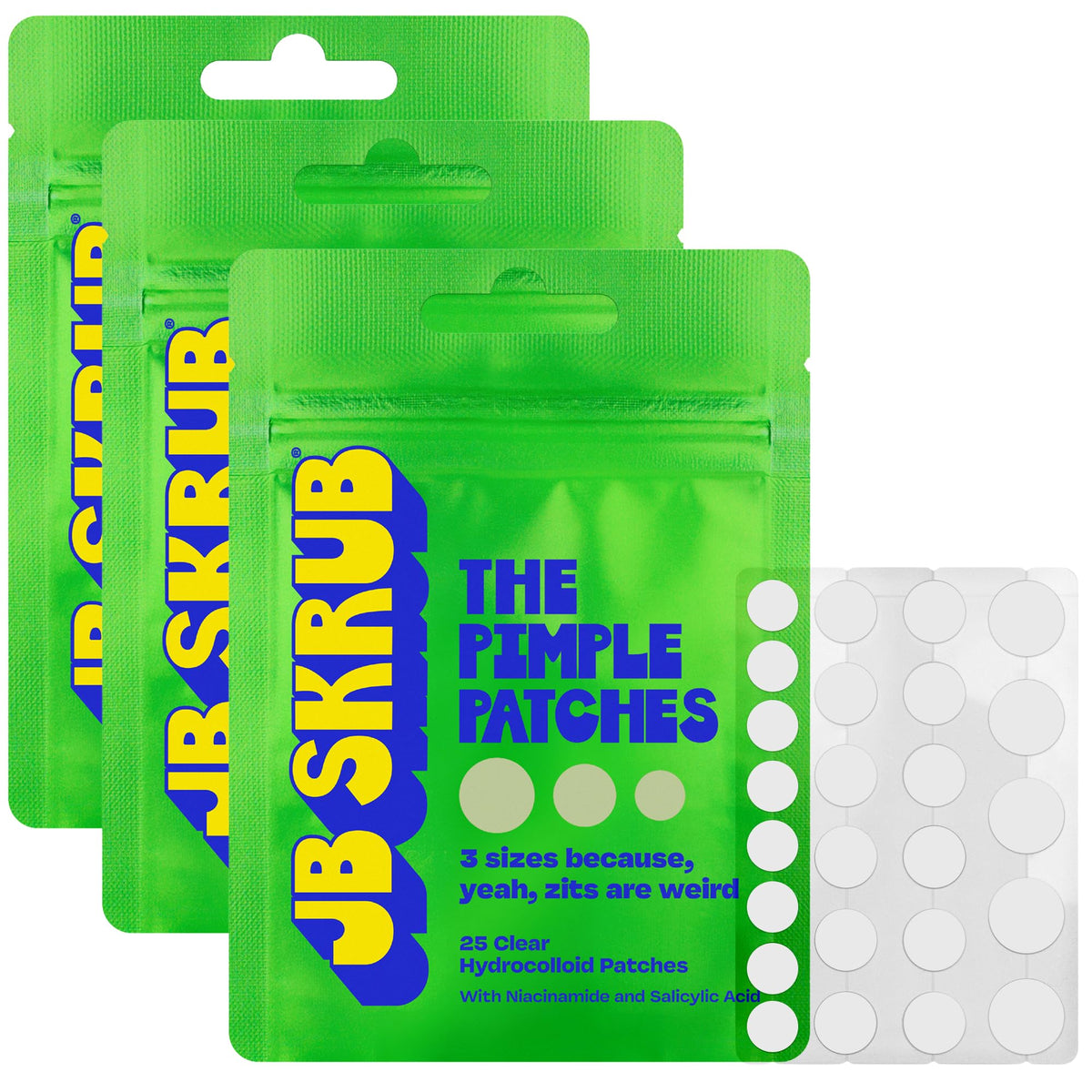 JB SKRUB pimple patches packaging close-up for discreet, travel-friendly skincare.