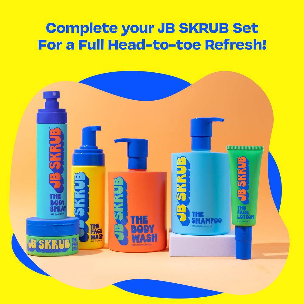 JB SKRUB 14 oz bottle emphasizes dermatologist-tested, kid-friendly formulation.