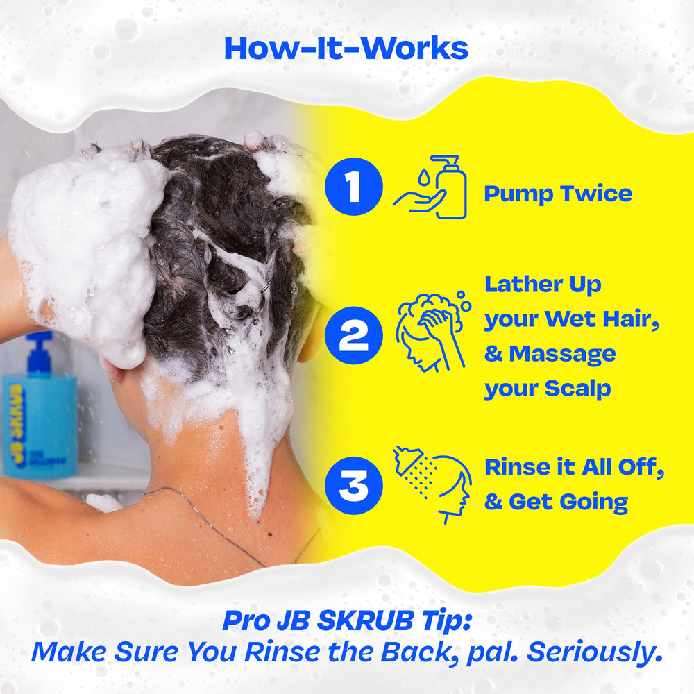 JB SKRUB bottle image highlights soft, manageable hair after use.