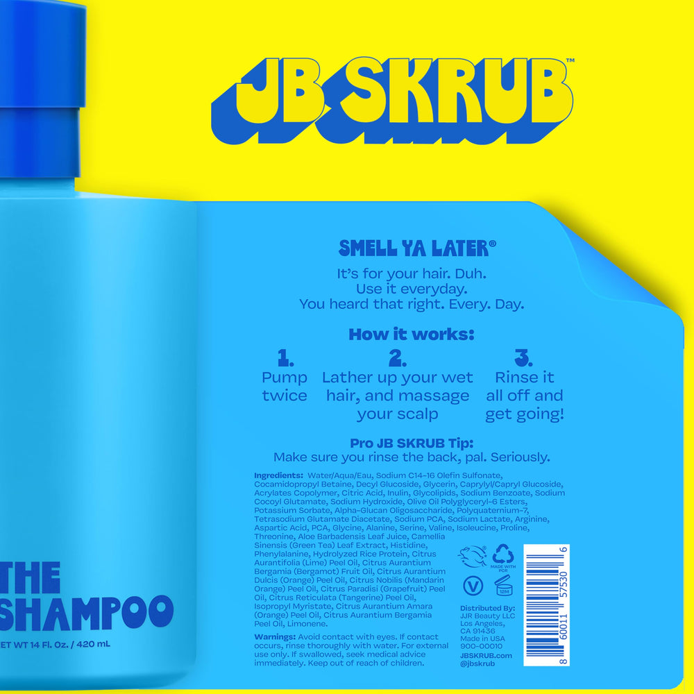 JB SKRUB shampoo lather showing refreshing citrus wash for a comfortable scalp.