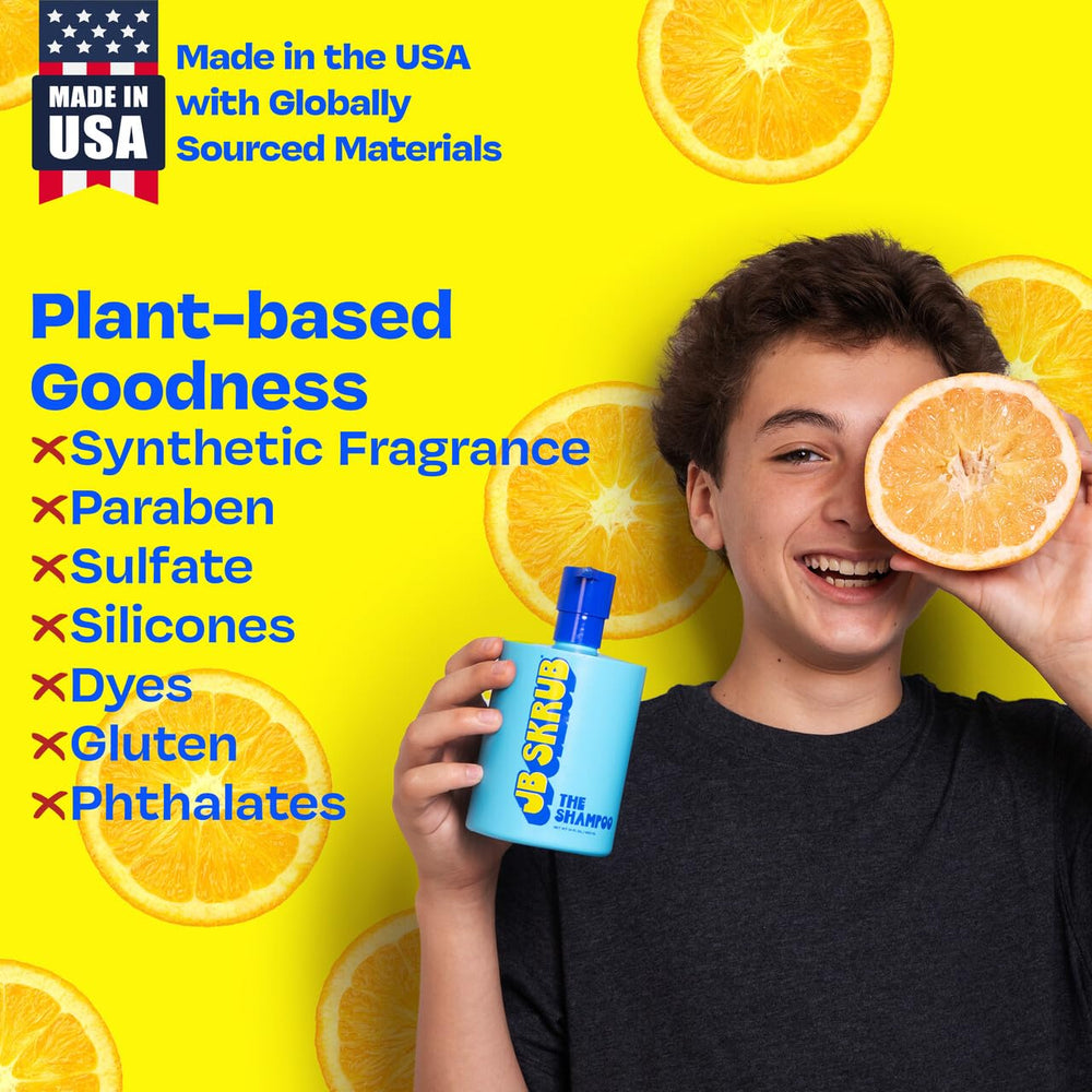 JB SKRUB shampoo showcases tangle-free promise for easy brushing.