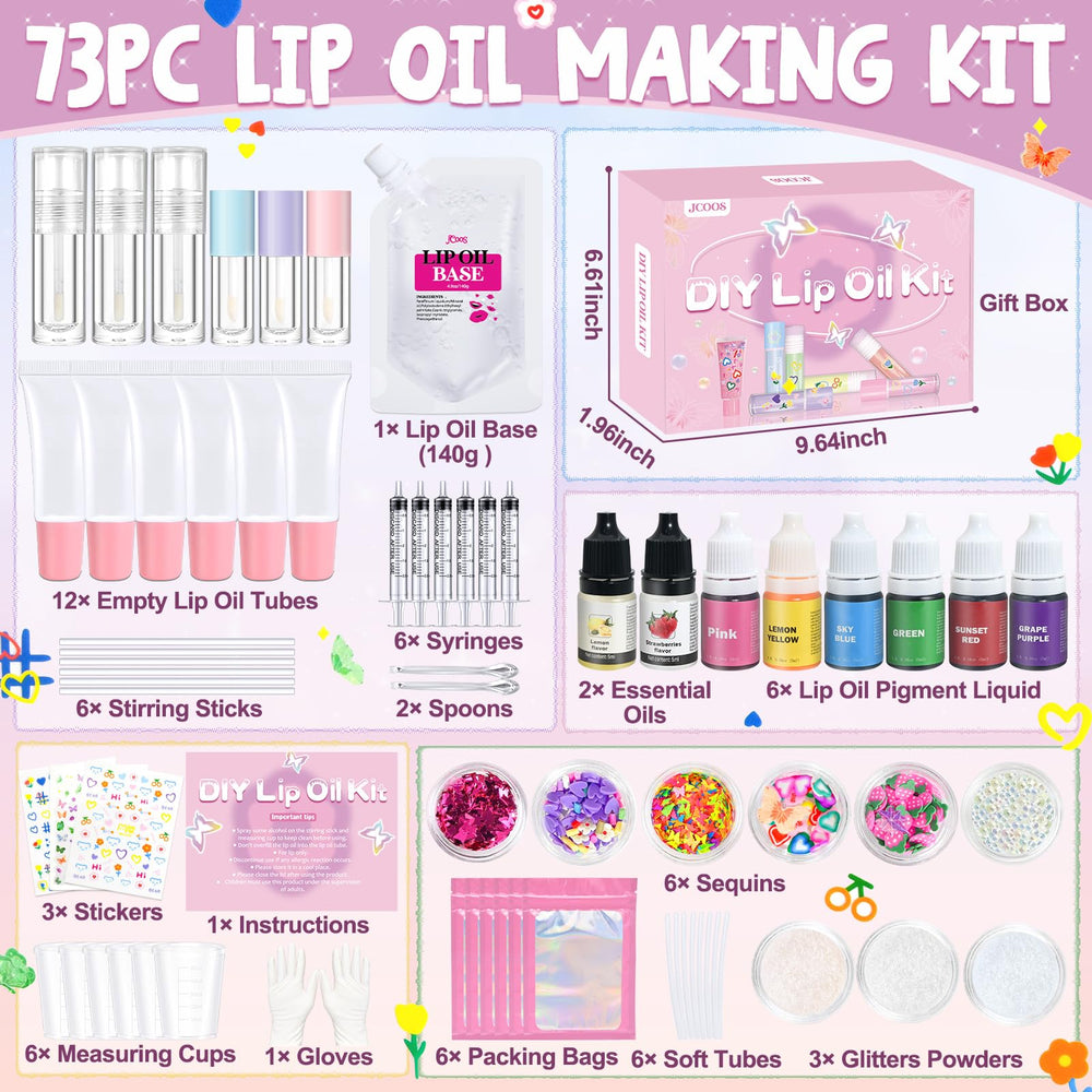 Jcoos lip gloss kit contents spread for DIY crafting.