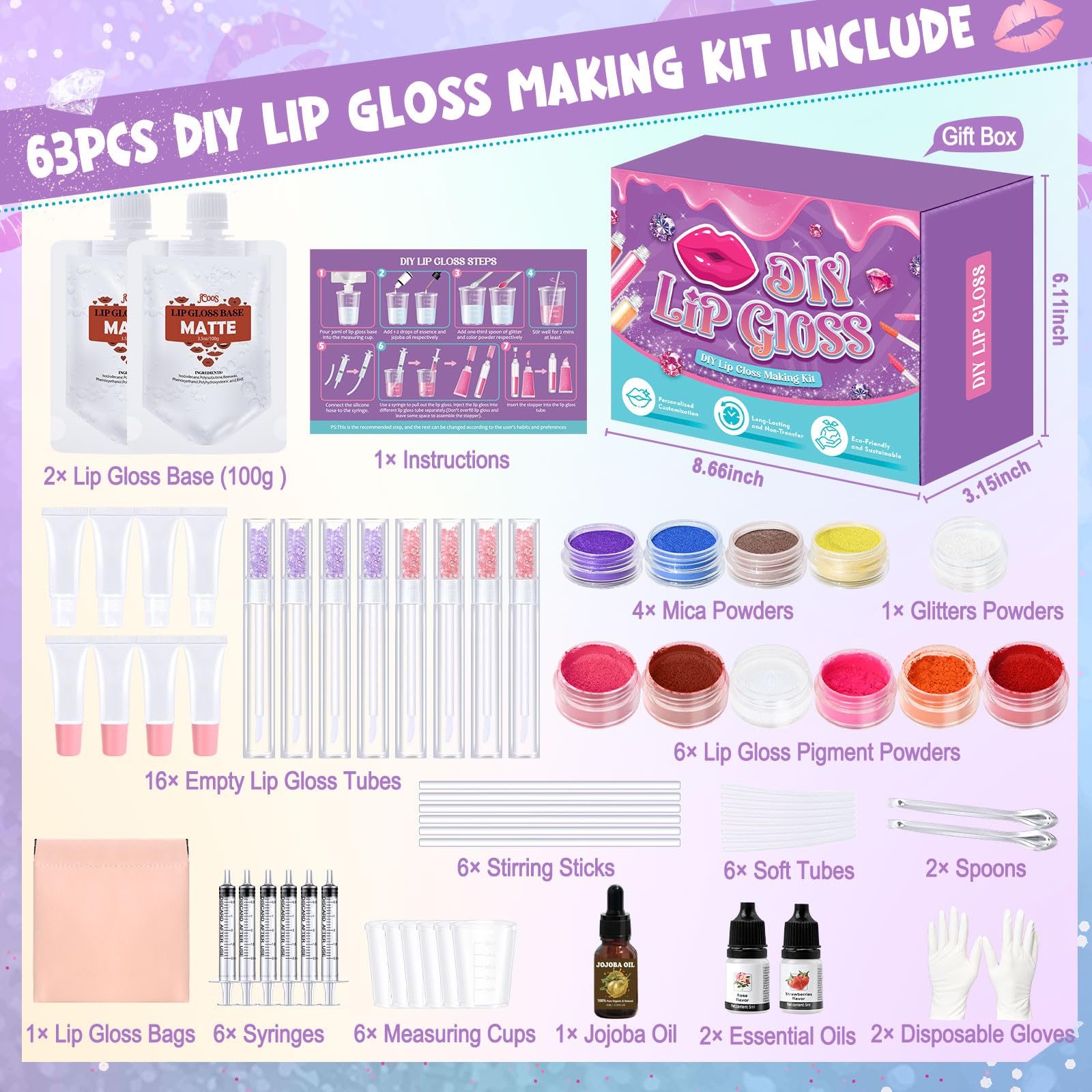 Jcoos lip gloss base and pigments laid out for color customization and creative mixing
