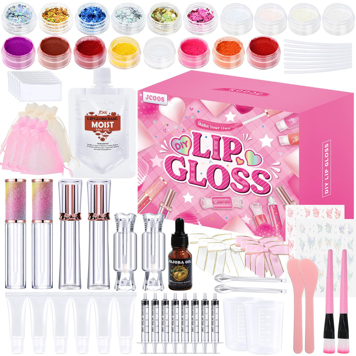 JCOOS Lip Gloss Making Kit cover showing vibrant packaging for DIY beauty project inspiration